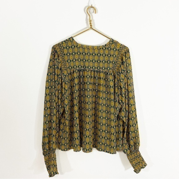 Happy Nature Kate Hudson Medium Geometric Yellow Blue Balloon Sleeve Blouse Top‎ - Picture 7 of 10